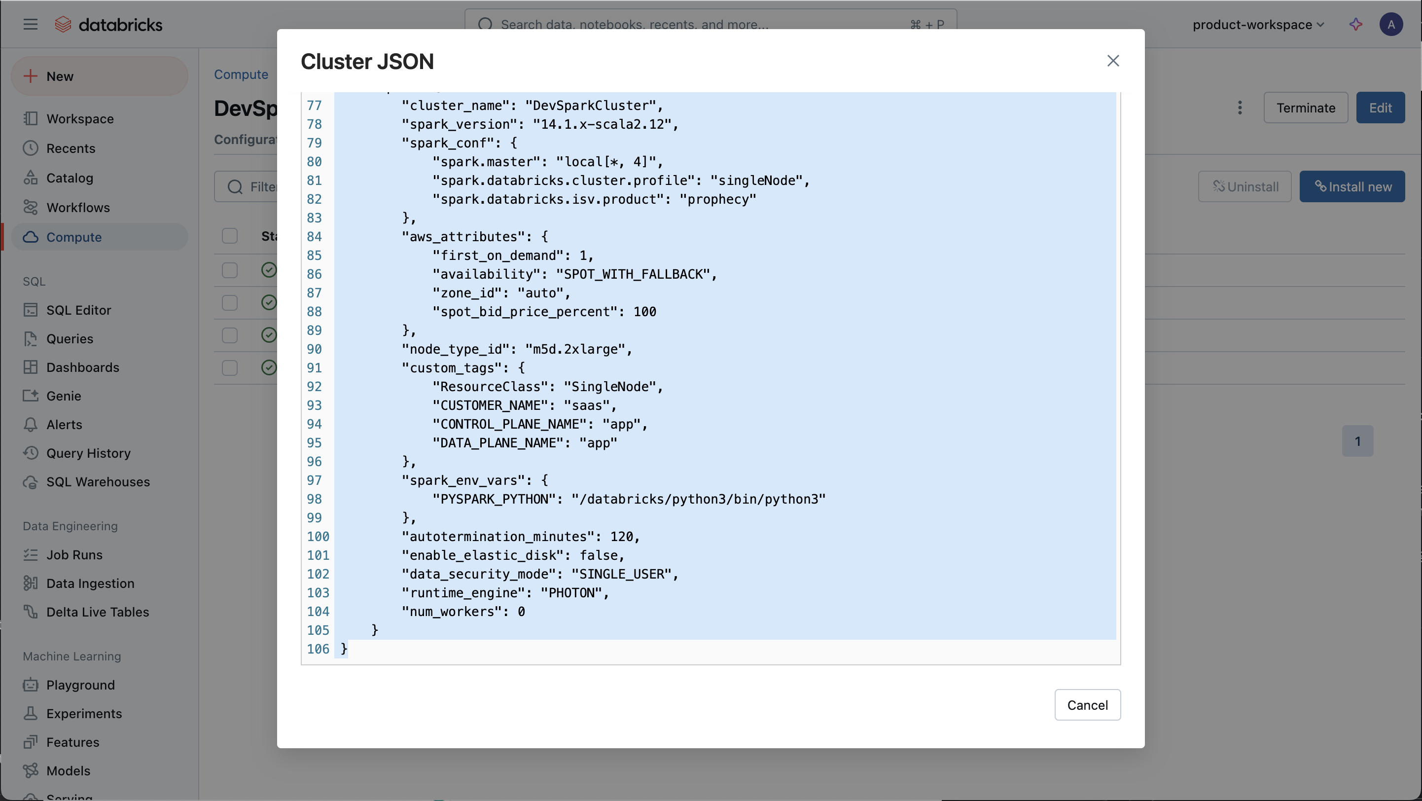 Cluster JSON example