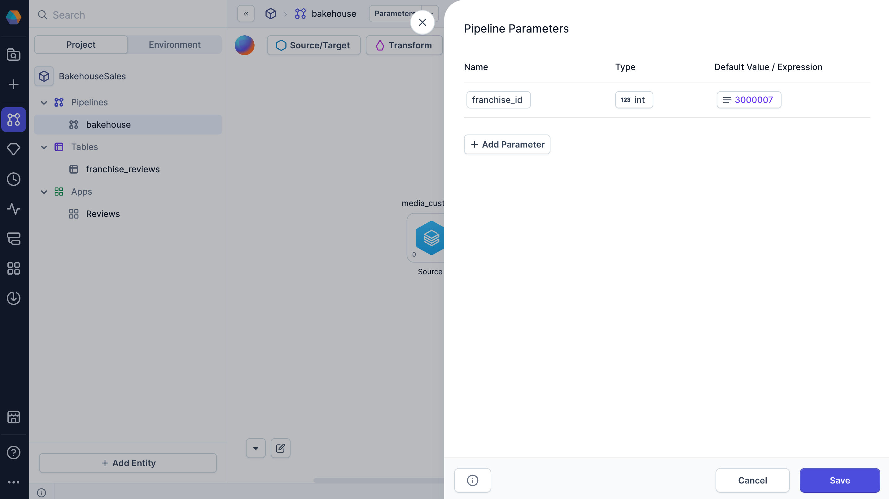 Create pipeline parameter dialog