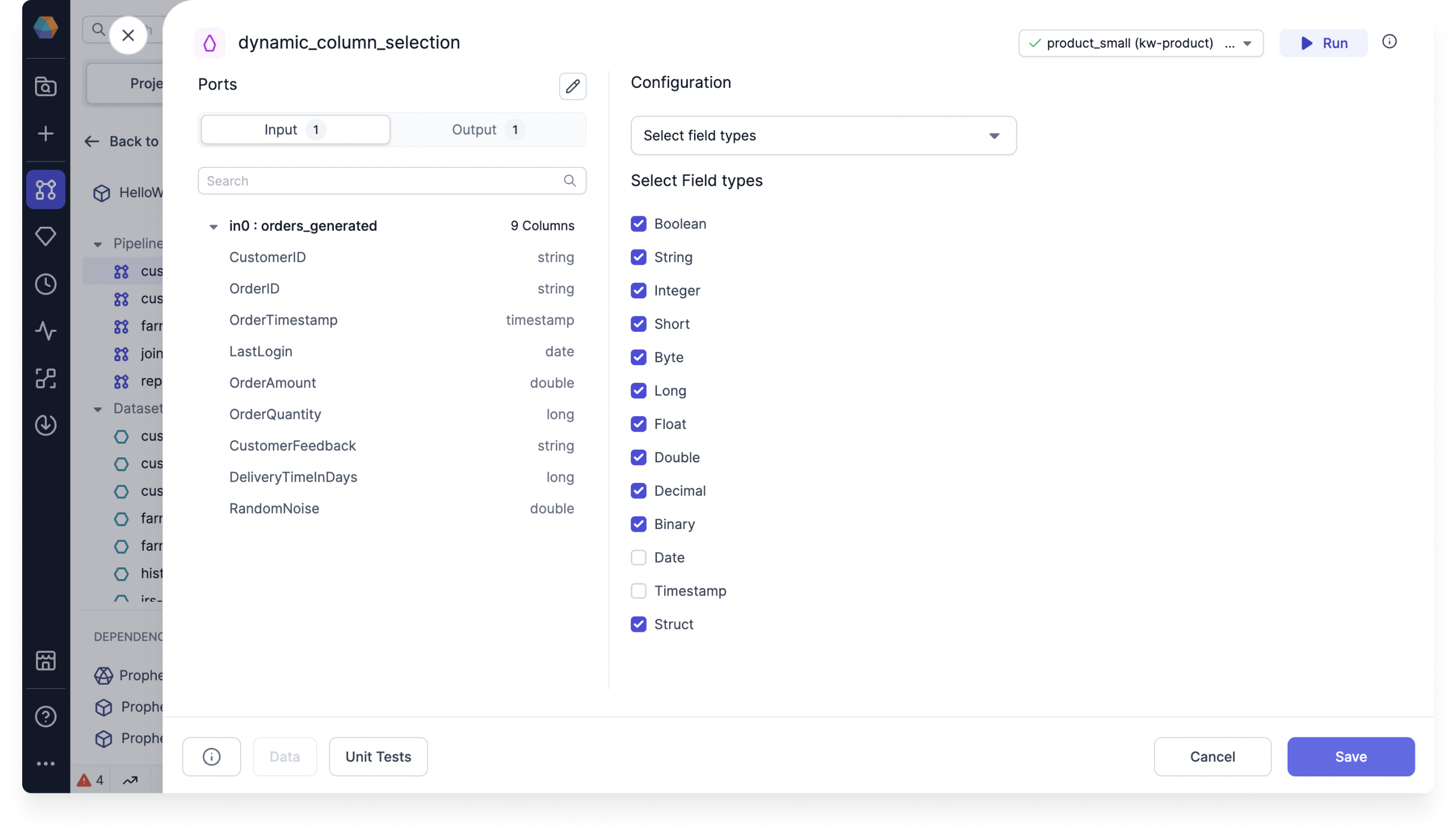 Keep all columns except Date and Timestamp column using the visual interface