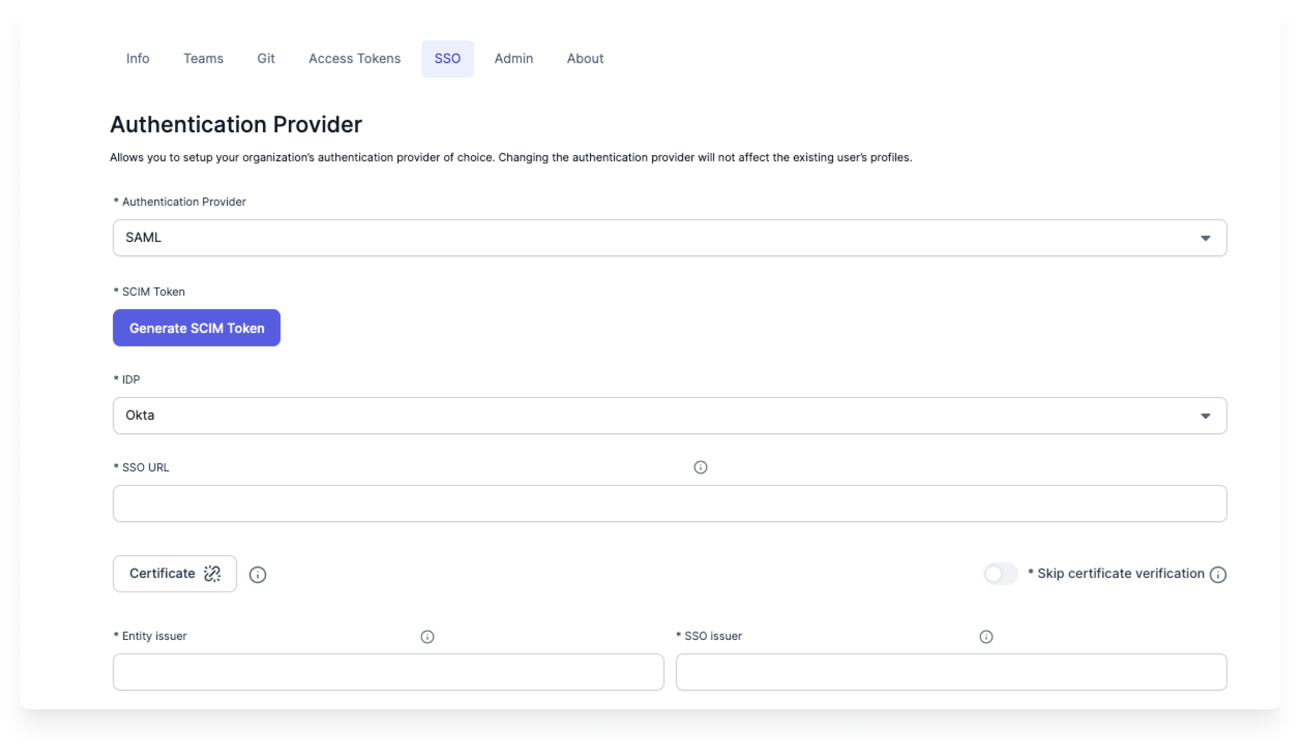 SSO settings for SAML and SCIM configurations