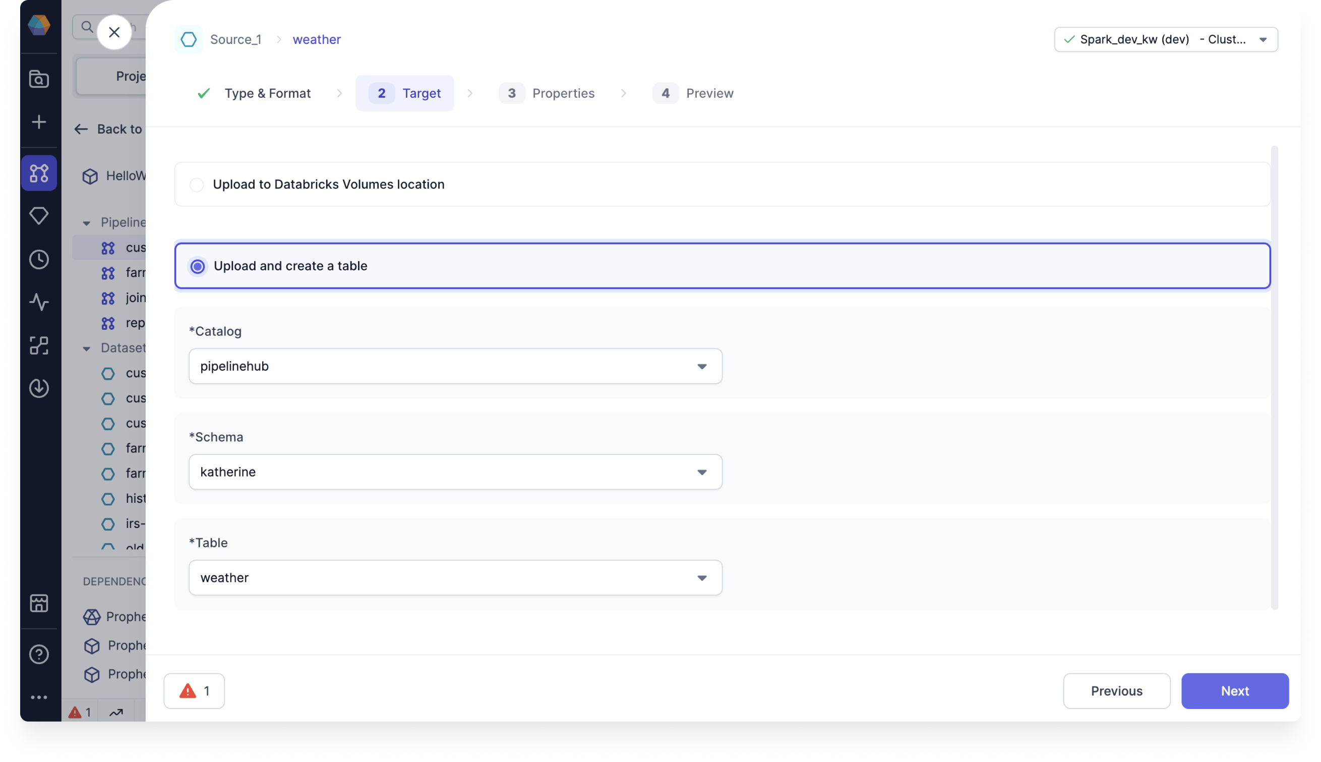 Upload and create a table